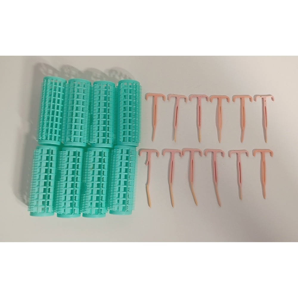 Lot of 8 Plastic Vintage Hair Rollers-Curlers with Hair Pins Green 3/4"